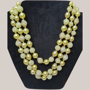 Vintage Hong Kong Champagne Faux Pearl 3 Strand Statement Choker Necklace